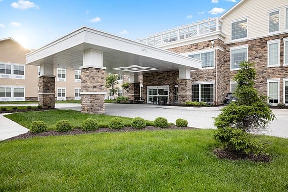 Exterior view of a senior living facility entrance