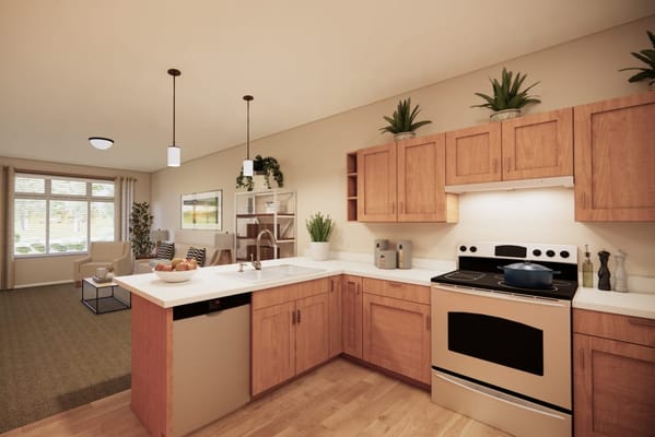 Modern kitchen and living area in a senior apartment