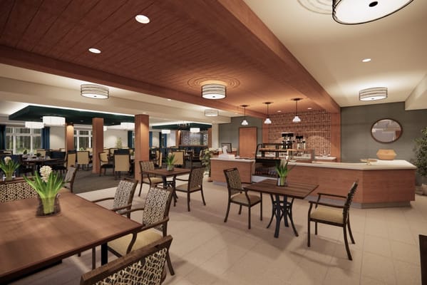 Interior view of a dining room with tables and chairs