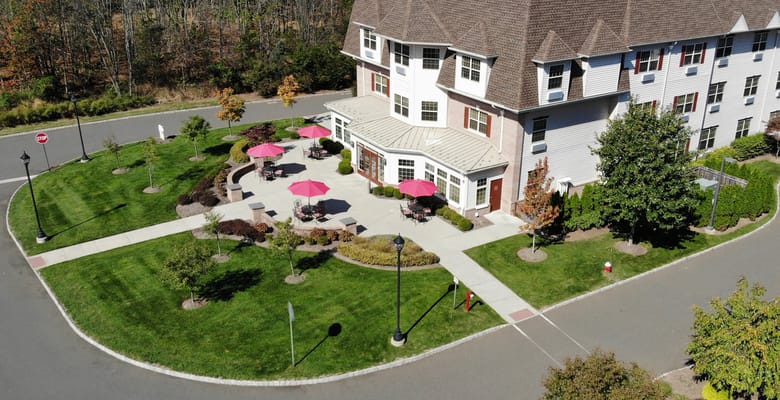 Aerial view of the outdoor space with patio furniture