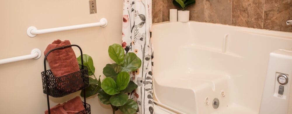 Modern bathroom with accessibility features and plants