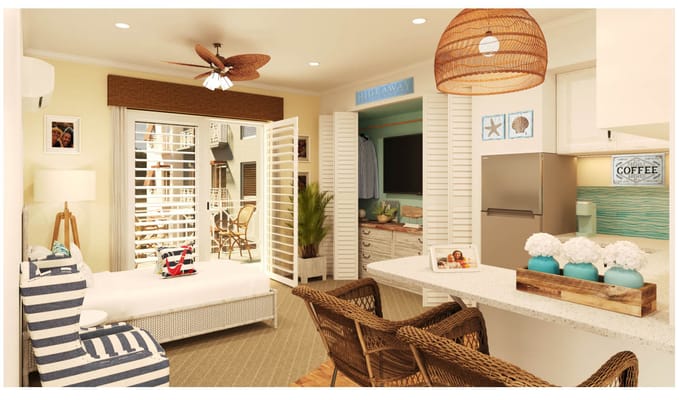 Stylish interior living space with kitchen and seating area