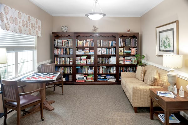 A cozy library corner with bookshelves, a sofa, and playing table.