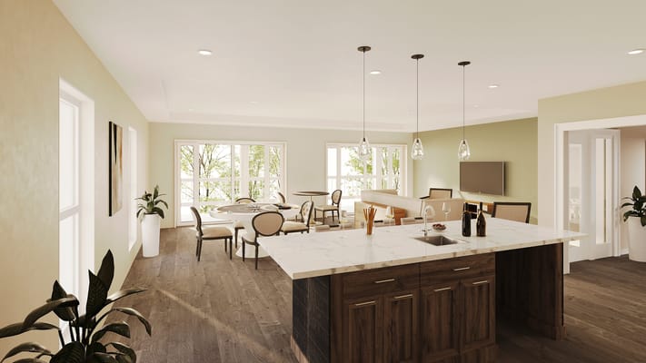 Bright common area with dining tables and a kitchen island
