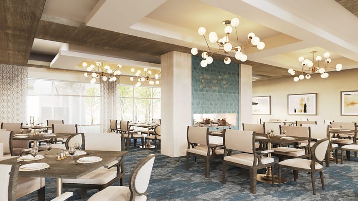 Elegant dining room with tables set for meals