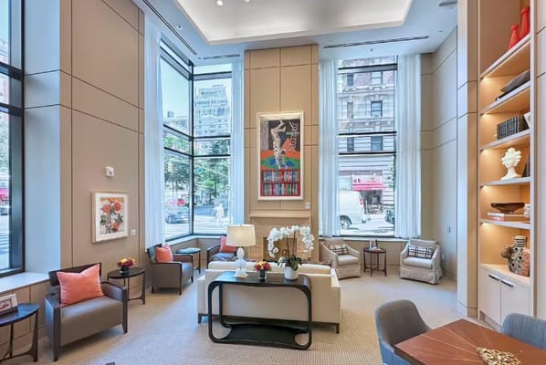 Interior view of a bright common area in a senior living facility