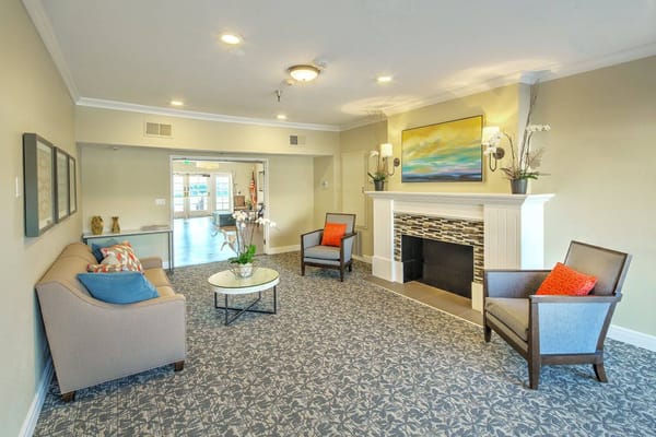 Cozy interior lounge area with sofas and fireplace