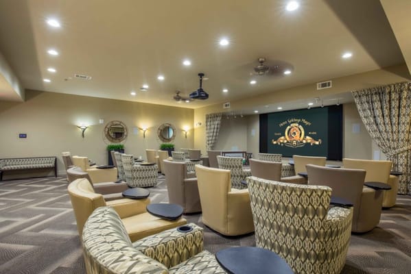 Bright interior view of a common area with seating