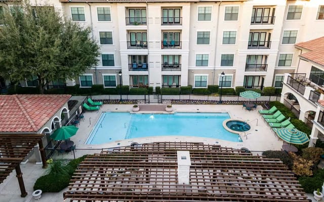 Aerial view of the swimming pool area at Conservatory at Plano