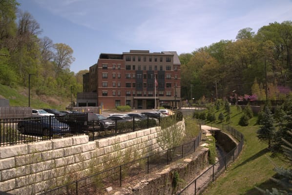 Exterior view of The Residence at Bala Cynwyd with landscaped grounds