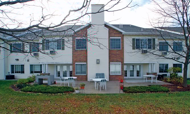 Building exterior with outdoor seating area