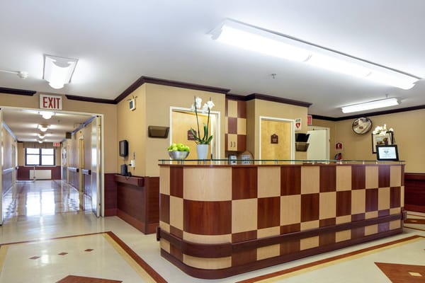 Reception area with checkered front desk and plants