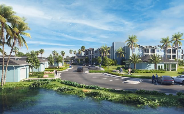 A scenic view of the assisted living community with palm trees