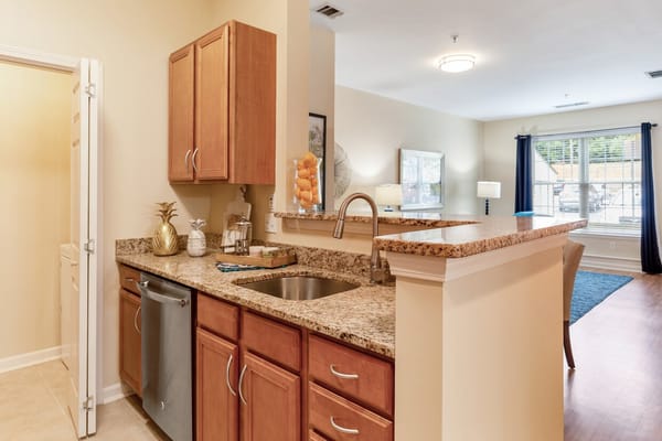 Bright kitchen area in an assisted living apartment