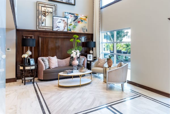 Cozy lobby area featuring comfortable seating and decorative elements