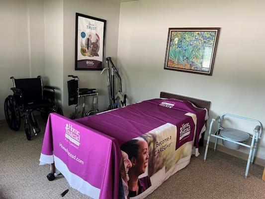 Interior view of a resident's room with care branding