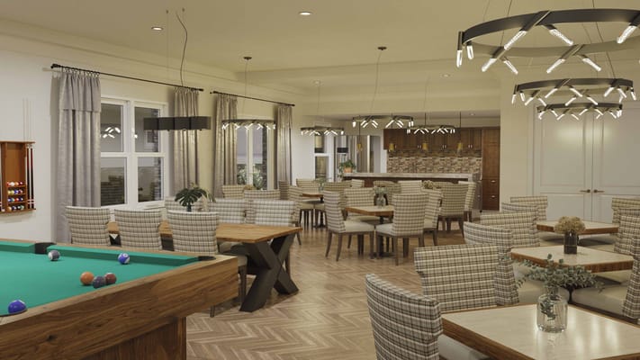 Interior view of a dining room with seating and pool table