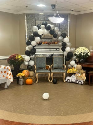 Decorative celebration setup in an interior common area