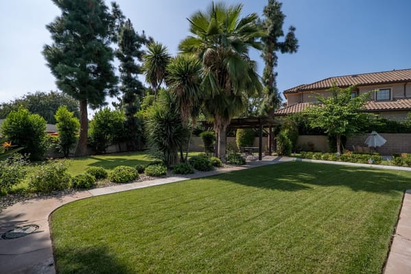 Lush, landscaped garden at Trinity Hills Estates with palm trees and seating area.