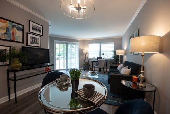 Living room with seating area and dining table