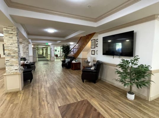 Interior view of the lobby at PeachTree Place Assisted Living