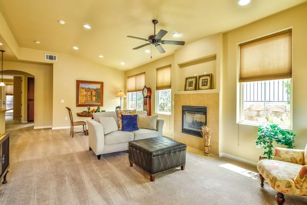 Bright living room featuring a fireplace and comfortable seating