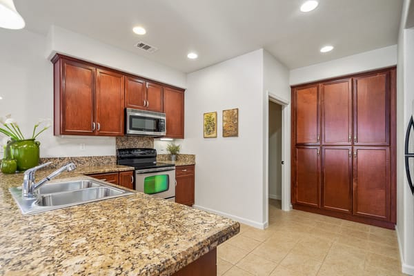 Modern kitchen with dark wood cabinets and stainless steel appliances