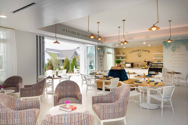 Bright café space with modern seating and décor