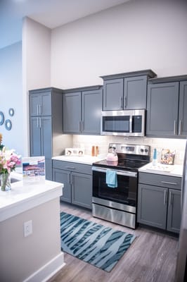 Modern kitchen with gray cabinets and stainless appliances