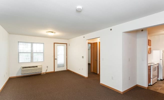 Bright living room showcasing large window and kitchenette