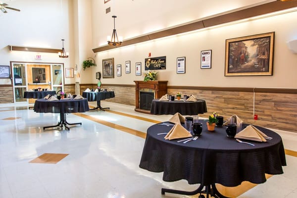 Dining area with neatly arranged tables and decor