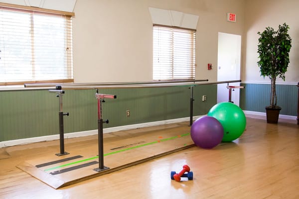 Interior rehabilitation area with exercise equipment