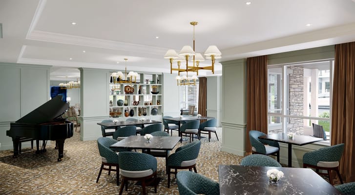 Elegant dining room with piano and tables at Sunrise of Killarney.