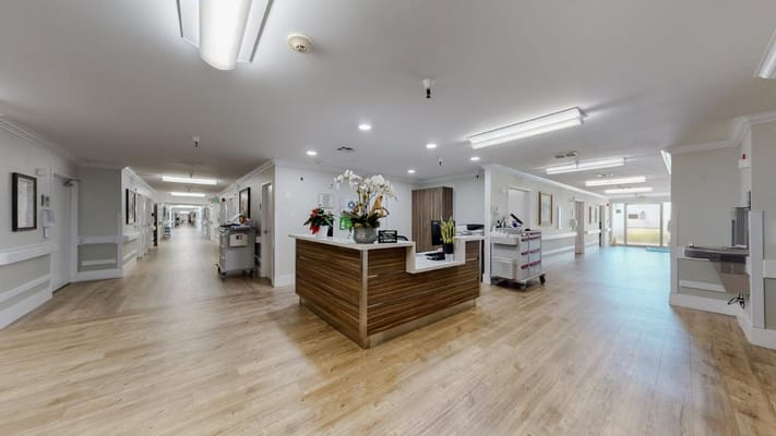 Bright reception area with a wooden front desk and wide hallways.