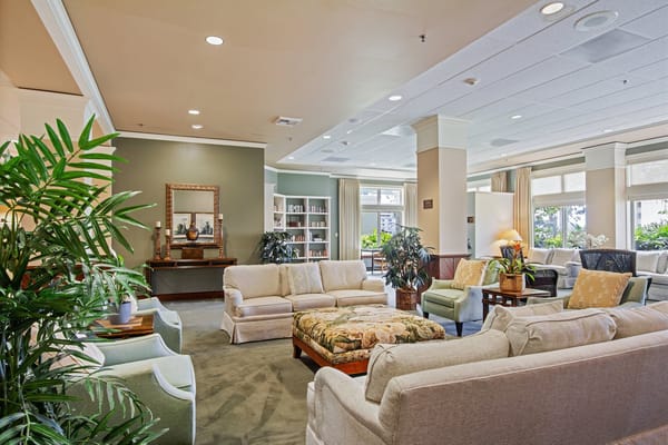 Spacious living room with comfortable seating and plants