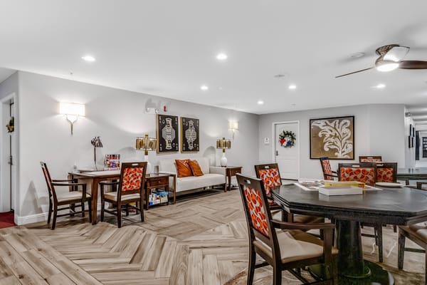 Bright common area with seating and decor