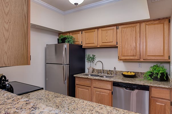 Contemporary kitchen with stainless steel appliances and granite countertops