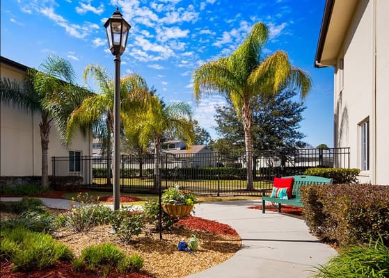 Lush garden patio with palm trees and decorative seating