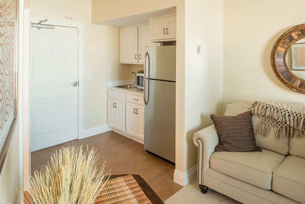 Cozy interior view of a kitchenette and living area