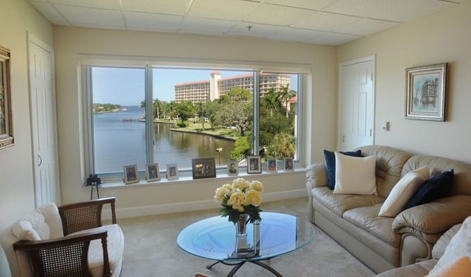 Bright interior room with a view of the water