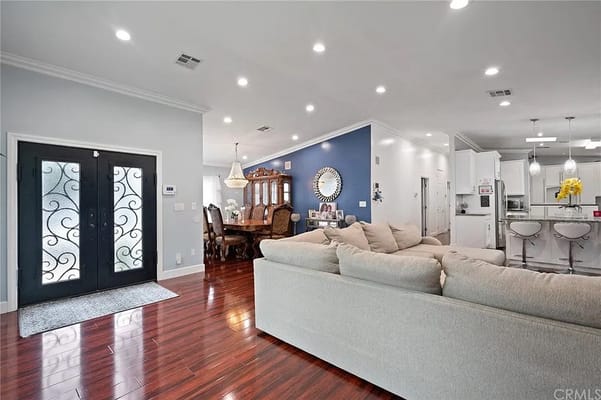 Interior view of a welcoming living area with dining table