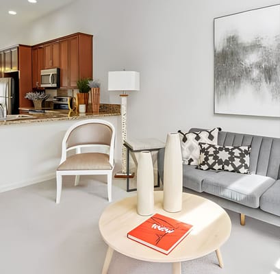 Bright living room with modern furniture and decor