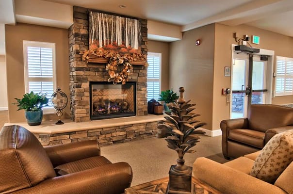 Comfortable seating area with a fireplace and decorative plants