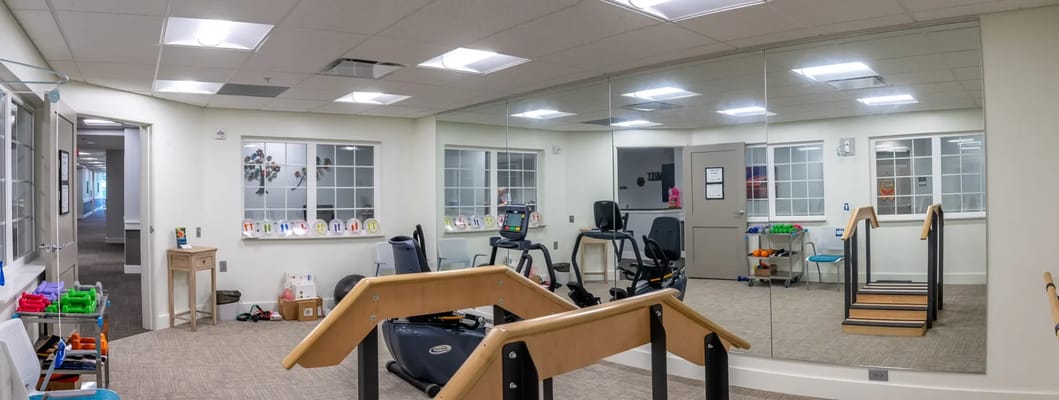 Inside view of the therapy room with exercise equipment