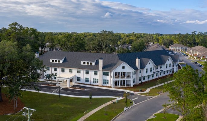 Aerial view of a senior living facility building