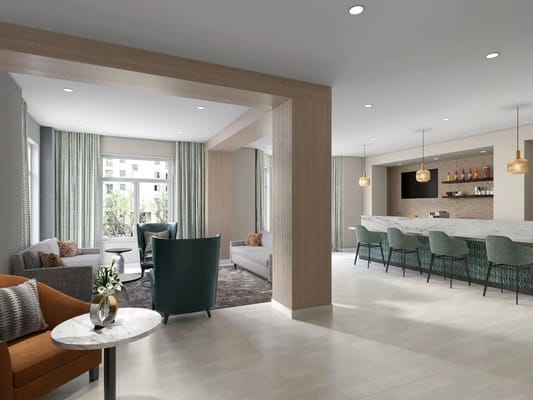 Bright and welcoming common area in a senior living facility