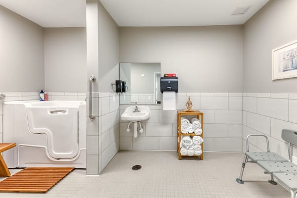 Accessible bathroom with grab bars and towels