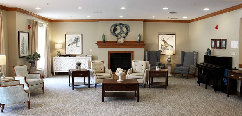 Bright common area with seating and decor