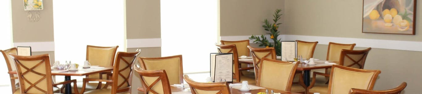 Bright dining area with tables and chairs set for meals