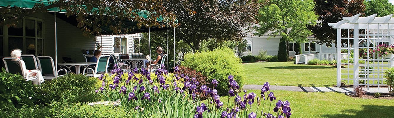 Residents enjoying a peaceful outdoor space with flowers